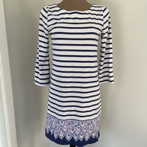 Lilly Pulitzer Navy and White Striped Dress with Band of Peacock Feathers Size M